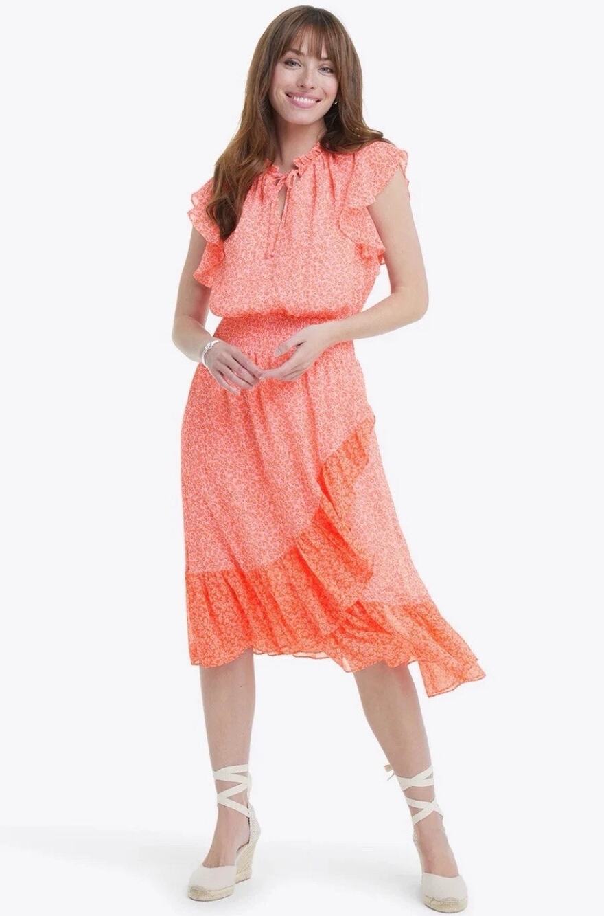 Draper James Tenille Midi Dress in Tangerine Floral XL Ruffle Sleeveless